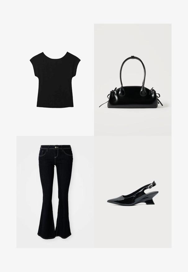 Haut noir à manches courtes avec un large col et une coupe ample. Fabriqué en tissu doux sans motifs ni embellissements visibles.; Jeans évasés en denim foncé avec une taille haute, des poches avant et arrière, et des coutures contrastantes jaunes.; Chaussure slingback en cuir verni noir avec bout pointu et petit talon bloc incliné sur fond clair uni.; Petit sac à main noir brillant avec deux longues anses et des détails à cordon sur les côtés sur un fond clair uni.