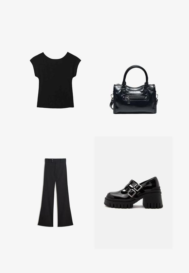 Haut noir à manches courtes avec un large col et une coupe ample. Fabriqué en tissu doux sans motifs ni embellissements visibles.; Pantalon noir taille haute à jambes larges avec une taille à double bouton et une fermeture éclair frontale, présenté à plat sur un fond blanc.; Chaussure noire en cuir verni à talon épais, double boucle argentée et semelle épaisse rainurée, vue latérale sur fond uni.; Sac à main en cuir noir brillant avec deux poignées, poche avant zippée et bandoulière amovible sur fond blanc.