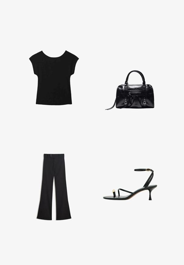 Haut noir à manches courtes avec un large col et une coupe ample. Fabriqué en tissu doux sans motifs ni embellissements visibles.; Pantalon noir taille haute à jambes larges avec une taille à double bouton et une fermeture éclair frontale, présenté à plat sur un fond blanc.; Sandale noire à talons hauts avec fine bride à la cheville, boucle d'orteil avec accent doré et talon fin de hauteur moyenne.; Sac à main en cuir noir brillant avec deux poignées, poche zippée à l'avant, détails avec boucle et bandoulière pour poignet sur fond blanc.