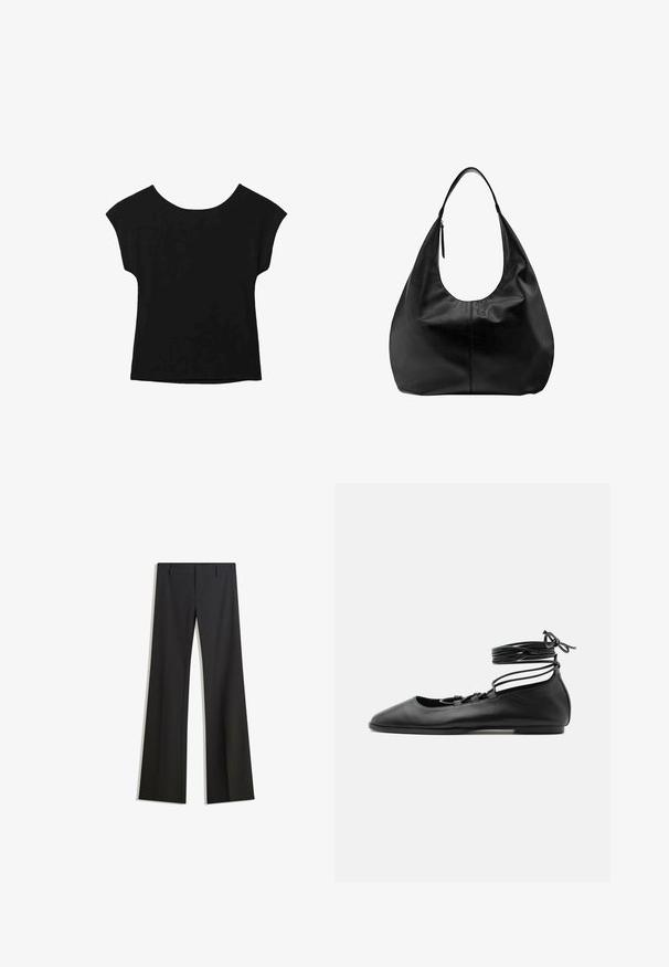 Haut noir à manches courtes avec un large col et une coupe ample. Fabriqué en tissu doux sans motifs ni embellissements visibles.; Pantalon noir évasé avec une texture lisse, doté d'une coupe ajustée et d'une taille cintrée. Aucun motif ou ornement visible.; Chaussure de ballet plate en cuir noir avec un bout pointu, plusieurs fines brides sur le dessus et des lacets enroulés autour de la cheville.; Sac à main hobo décontracté en cuir noir avec une seule bandoulière large et un détail de tirette de fermeture éclair sur fond blanc uni.