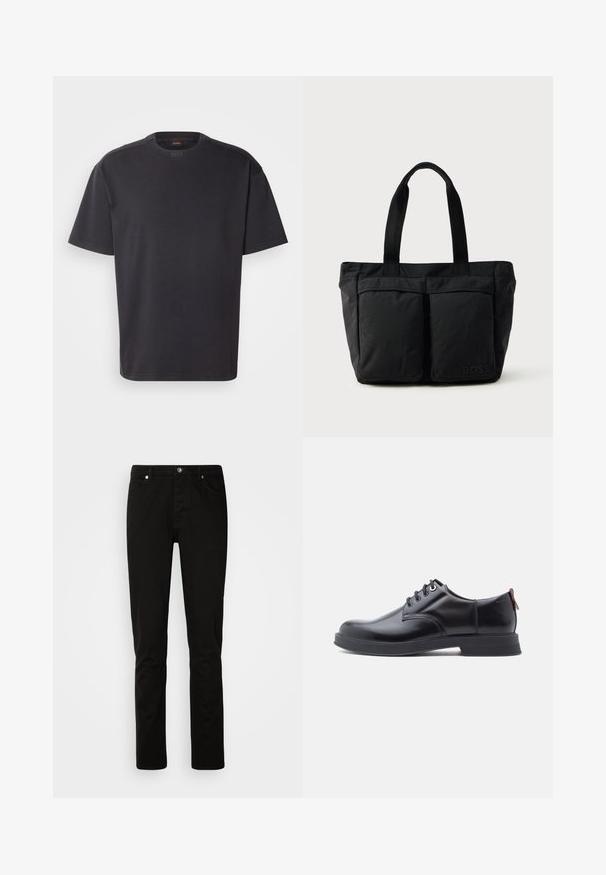 Schwarzes T-Shirt mit kurzen Ärmeln aus Baumwolle, mit rundem Halsausschnitt und dezentem Branding am Kragen. Weiche Textur mit lässiger Passform.; Schwarze Denim-Hose im Slim-Fit, mit Reißverschluss und Five-Pocket-Design. Gleiche Textur und robuste Nahtdetails.; Schwarze Leder-Schnürschuhe mit glatter Textur, rundem Zehenbereich und dezenten Ziernähten. Mit einem roten Laschenband an der Ferse.; Schwarze Tragetasche aus weichem Stoff, mit zwei vorderen Taschen und stabilen Tragegriffen. Logo an der Seite angebracht. Einfaches, funktionales Design.