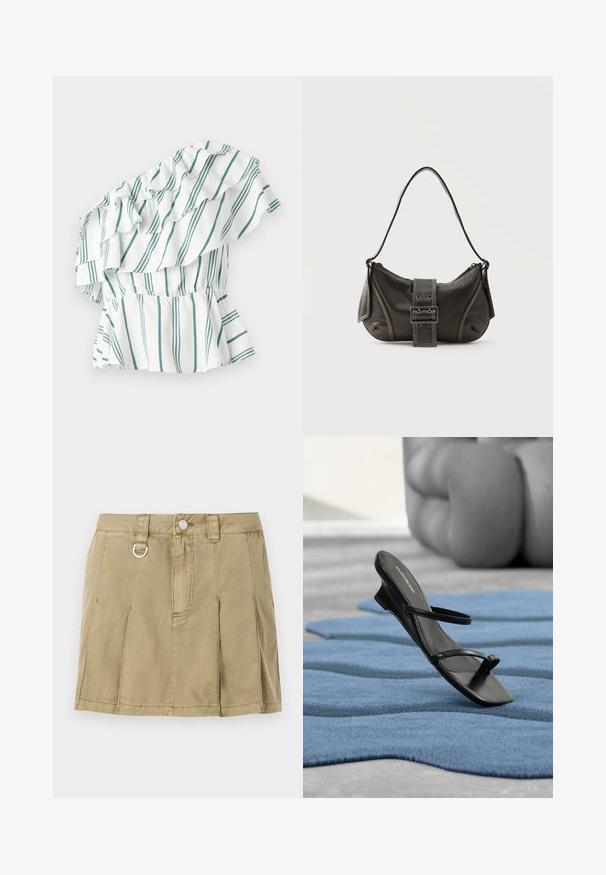 En-shoulder top i hvid med grønne striber, med volanger og en samlet talje for en peplum-effekt. Blødt stof.; Lys olivengrøn denimskørt med fire knivfolder, en frontknaplukning og en metalring detalje på taljen.; Sort sandal med remme og tå-loop vist på et blåt tekstureret tæppe, med en stor grå dekorativ genstand sløret i baggrunden.; Sort læder skuldertaske med spænde på remmen, afrundede kanter og kontrasterende hvide syninger på en ensfarvet baggrund.