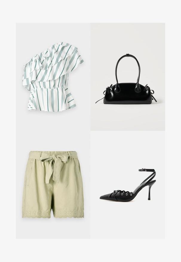 En-shoulder top i hvid med grønne striber, med volanger og en samlet talje for en peplum-effekt. Blødt stof.; Lys grønne shorts lavet af blødt stof, med elastisk talje, en bundet bælte, sidelommer og indviklet bølget broderi i kanten.; Sort spids hæl med bølgede kanter, metaløjer, snørelukning foran og ankelrem med spænde.; Lille sort blank håndtaske med to lange håndtag og snøre-detaljer i siden på en ensfarvet lys baggrund.