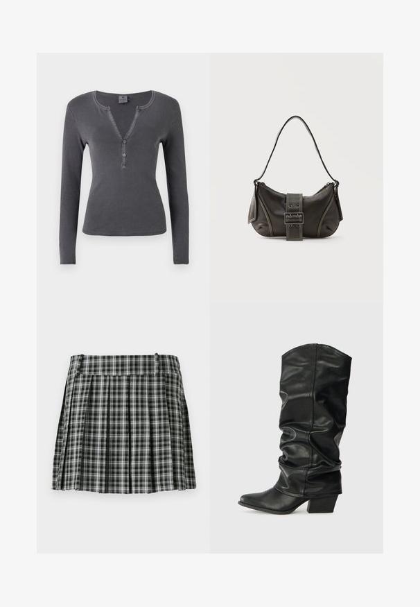 Top de manga larga en un gris oscuro, con escote en V, tapeta de tres botones y diseño ajustado. Textura suave y lisa con costuras mínimas.; Falda plisada de cuadros en blanco y negro con una cintura suave y múltiples pliegues verticales. Fabricada en un tejido ligero.; Botas de cuero negro hasta la rodilla con un diseño arrugado, punta afilada y un tacón grueso, con una textura suave y una costura mínima.; Bolso de hombro de cuero negro con detalle de correa con hebilla, bordes curvos y costuras blancas en contraste sobre un fondo liso.