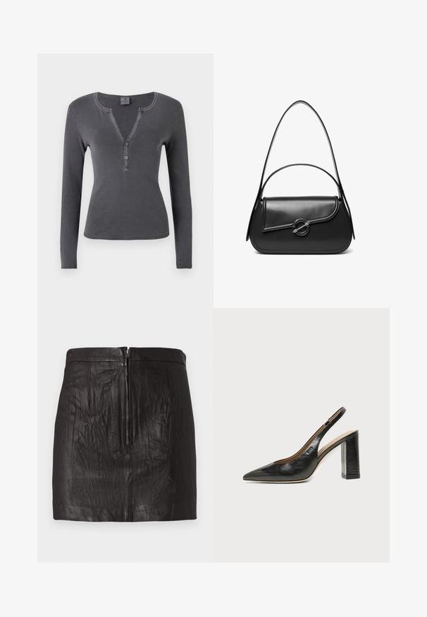Haut à manches longues, gris foncé, en maille côtelée avec un col en V, patte de boutonnage à trois boutons et une coupe ajustée. Texture douce et lisse avec un minimum de coutures.; Mini-jupe en cuir noir avec une fermeture éclair frontale et de subtils détails de coutures verticales sur fond uni.; Chaussure slingback en cuir noir à bout pointu avec un talon bloc haut et une doublure intérieure beige sur un fond clair uni.; Sac à bandoulière en cuir noir avec un rabat incurvé fermé par un fermoir métallique rond et une sangle fine et ajustable.