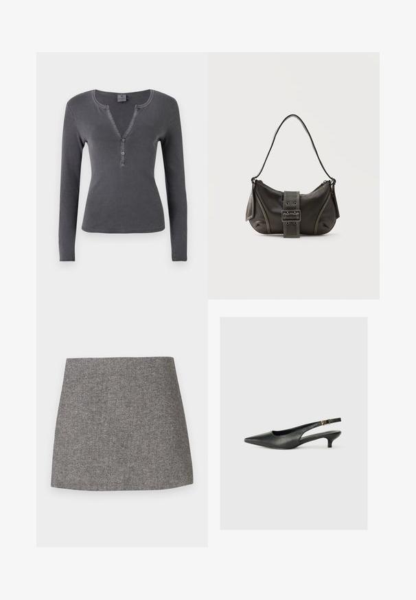 Haut à manches longues, gris foncé, en maille côtelée avec un col en V, patte de boutonnage à trois boutons et une coupe ajustée. Texture douce et lisse avec un minimum de coutures.; Jupe à motif chevrons en tissu gris, présentant une silhouette ajustée avec une texture lisse et un ourlet droit et net.; Chaussure slingback noire à bout pointu en cuir lisse. Présente un talon fin et un détail de boucle sur la sangle réglable.; Sac à épaule en cuir noir avec une sangle à boucle, des bords arrondis et des coutures blanches contrastées sur un fond uni.