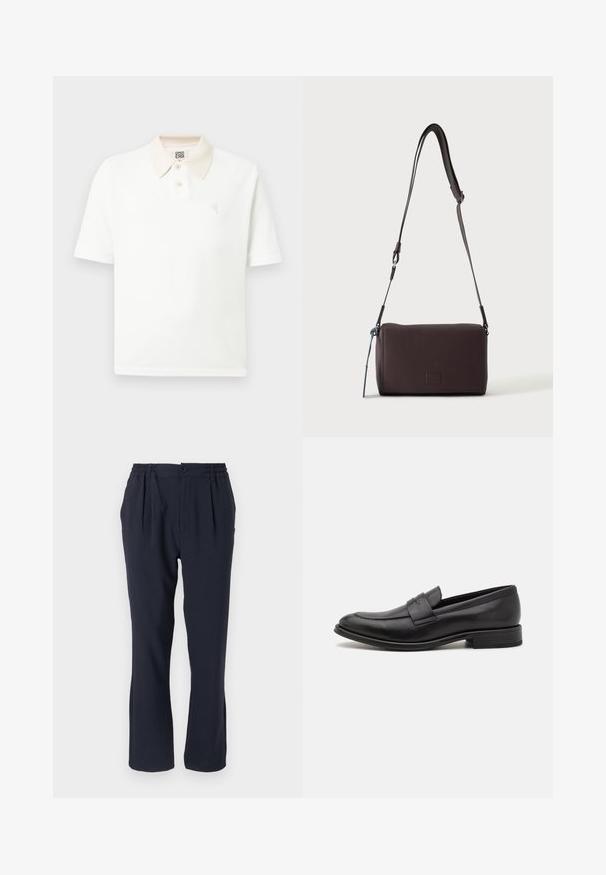 Polo de manga corta blanca con cuello beige, dos botones, tela texturizada y pequeño logo bordado en el pecho.; Pantalones azul marino hechos de una tela suave con una cinturilla elástica, que cuentan con pliegues frontales y un diseño de pierna recta.; Mocasín de cuero negro con un acabado suave, una tira decorativa en la parte superior, punta redondeada y un tacón bajo apilado.; Bolso bandolera de cuero marrón oscuro con textura, correa ajustable y pequeño adorno decorativo azul en el lateral.
