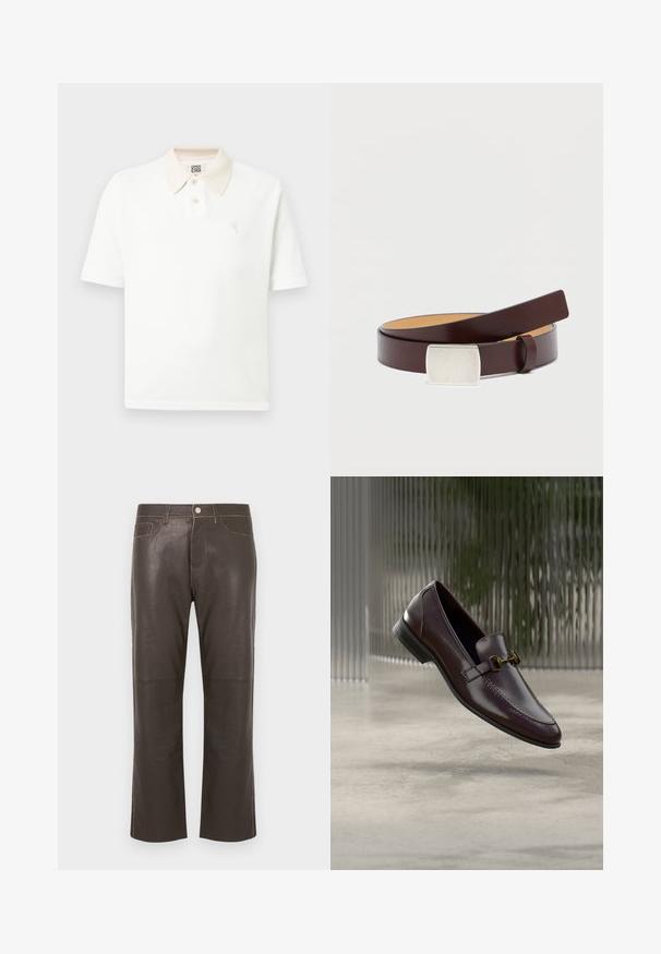 Hvid polo med korte ærmer, beige krave, to knapper, tekstureret stof og lille broderet logo på brystet.; Mørkebrune læderbukser med lige ben, forside med knap, lynlås, bæltestropper og kontrastsyninger.; Brun læderloafer med en glat finish, firkantet snude og guldfarvet hardwaredetalje. Den har en lav hæl og subtile syningsdetaljer.; Brunt læderbælte med en rektangulær sølvspænde, glat tekstur og en kontrasterende lysere inderforing. Enkel, klassisk design.