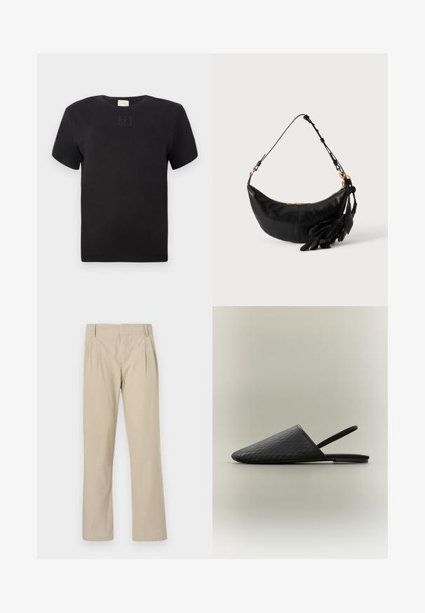 T-shirt noir à manches courtes, col rond avec un logo Calvin Klein subtilement brodé centré sur la poitrine, design épuré sur fond blanc.; Pantalons larges beige en mélange de coton ; avec plis à l'avant, coupe droite et passants de ceinture. Texture lisse, sans motifs.; Mule plate noire texturée avec bout pointu fermé et fine bride élastique arrière, sur fond clair uni.; Sac d'épaule en cuir noir en forme de croissant avec bandoulière réglable, fermeture éclair dorée et pompons en cuir décoratifs en forme de feuille sur un côté.