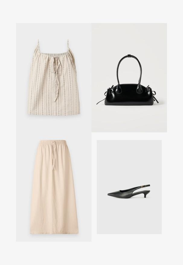 Haut beige sans manches avec fines rayures verticales noires et un lien noué à l'avant au niveau de l'encolure carrée, présenté sur un fond clair.; Jupe beige longueur cheville en tissu léger avec une taille élastique et un lien ajustable. Présente une silhouette droite et décontractée.; Chaussure slingback noire à bout pointu en cuir lisse. Présente un talon fin et un détail de boucle sur la sangle réglable.; Petit sac à main noir brillant avec deux longues anses et des détails à cordon sur les côtés sur un fond clair uni.