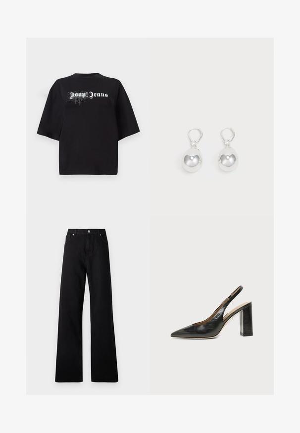 T-shirt noir surdimensionné en coton, avec des manches courtes et un motif à l'avant comportant le texte blanc "Joop Jeans" et des détails scintillants.; Jean large noir en denim avec un design à cinq poches, fermeture à bouton à l'avant et détails de couture subtils.; Chaussure slingback en cuir noir à bout pointu avec un talon bloc haut et une doublure intérieure beige sur un fond clair uni.; Boucles d'oreilles en argent en forme de goutte avec des surfaces lisses, rondes et réfléchissantes, suspendues à des fermoirs à ressort. L'arrière-plan est blanc uni.