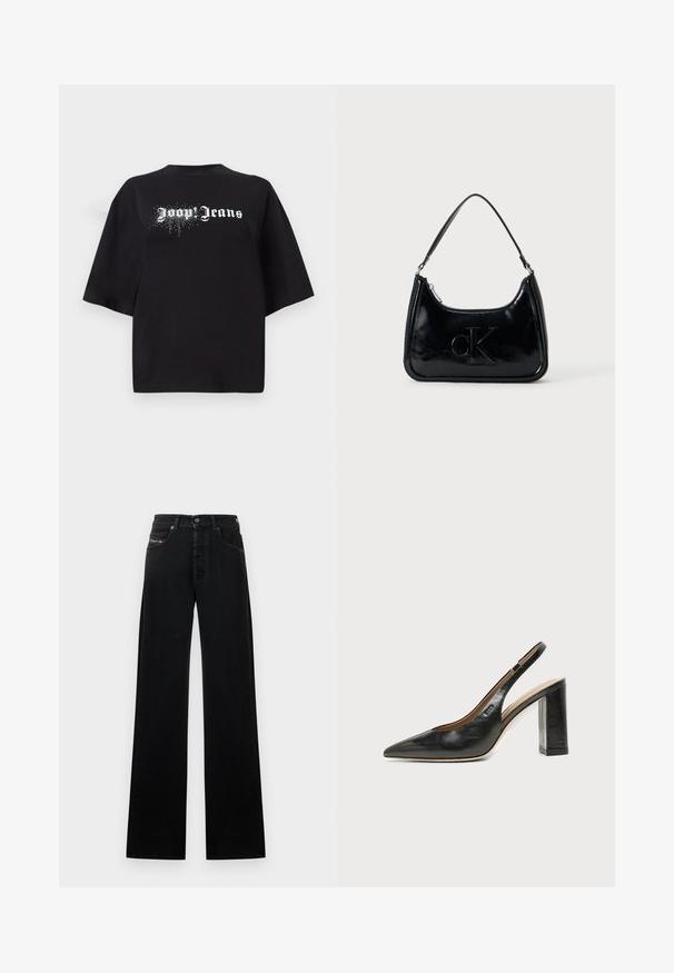 Sort oversized T-shirt lavet af bomuld, med korte ærmer og et front print med hvid tekst "Joop Jeans" samt glitrende detaljer.; Sorte, vide jeans i denim med knaplukning foran, fem lommer og et lille logopatch på linningen.; Sort læder peep-toe slingback sko med høj blokhæl og beige indvendig foring mod en ensfarvet lys baggrund.; Sort patentlæder håndtaske med et buet topgreb, lynlåsslukning og prægede "cK" logo på fronten. Glat tekstur, struktureret form.