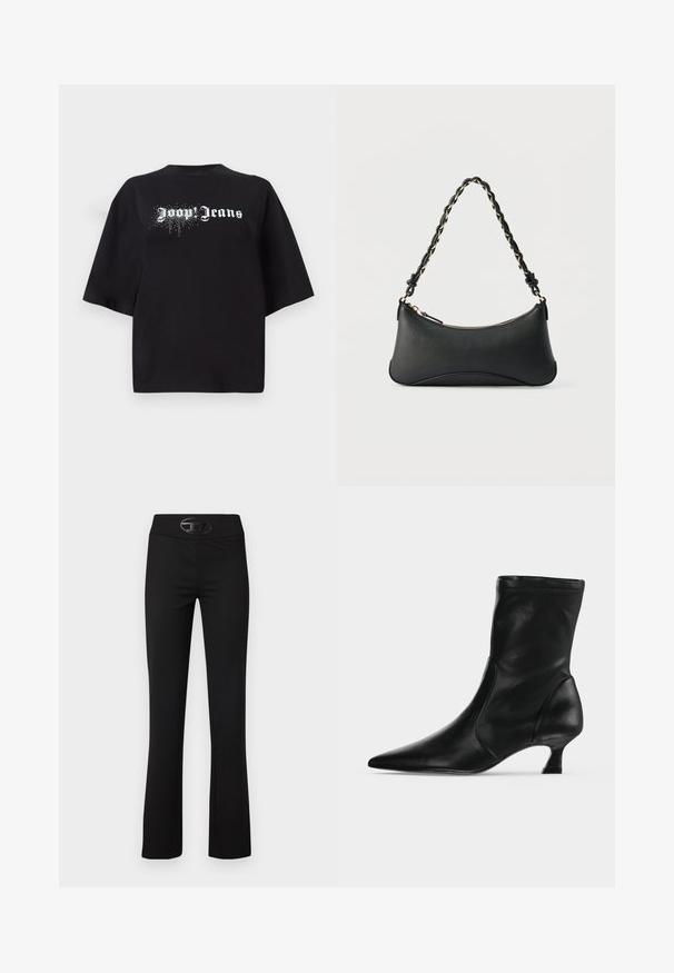 Schwarzes, oversized T-Shirt aus Baumwolle mit kurzen Ärmeln und einem Frontgrafik, die weißen Text "Joop Jeans" und glitzernde Details zeigt.; Schwarze, ausgestellte Hosen aus einem glatten, dehnbaren Stoff. Mit einem breiten Bund und einem glänzenden, schwarzen Logoakzent auf der Vorderseite.; Schwarzer Leder-Stiefel bis zur Mitte der Wade mit spitzer Schuhspitze und niedrigem Kittenabsatz, seitlich auf hellem einfarbigem Hintergrund gezeigt.; Schwarze Lederschultertasche mit gewölbter rechteckiger Form, goldener Kette, die in den geflochtenen schwarzen Riemen eingewebt ist, und Reißverschlussverschluss oben.