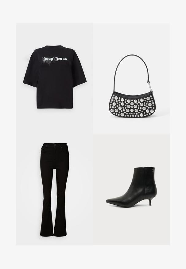 Schwarzes, oversized T-Shirt aus Baumwolle mit kurzen Ärmeln und einem Frontgrafik, die weißen Text "Joop Jeans" und glitzernde Details zeigt.; Schwarze, aus Denim gefertigte Schlagjeans mit hoher Taille, vorderen Taschen und einem klassischen Fünf-Taschen-Design mit Metallakzenten.; Schwarzer Leder-Knöchel-Stiefel mit spitzer Spitze und niedrigem Kittenabsatz vor hellem Hintergrund, seitliche Ansicht.; Schwarze Lederhandtasche mit geschwungener Form, verziert mit silbernen Nieten in verschiedenen Größen und einem kurzen Tragegurt. "HUGO"-Logo auf der Vorderseite aufgedruckt.