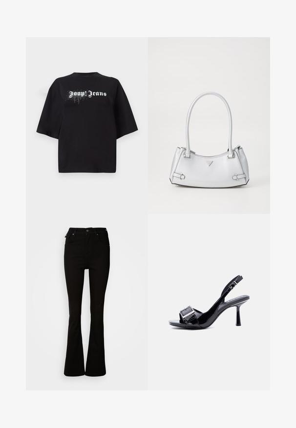 Čierne oversized tričko vyrobené z bavlny, s krátkymi rukávmi a prednou grafikou s bielym textom "Joop Jeans" a trblietkami.; Čierne rozšírené džínsy vyrobené z denimového materiálu, s vysokým pásom, prednými vreckami a klasickým dizajnom s piatimi vreckami, doplnené kovovými akcentmi.; Čierne sandále na vysokom podpätku so zatváraním na remienok zo syntetickej lesklej kože s detailom striebornej pracke na prednom remienku na bielom pozadí.; Strieborná kabelka so štruktúrovaným dizajnom, s dvoma ušami, lesklou textúrou, akcentovaným hardvérom a trojuholníkovým logom na prednej strane.