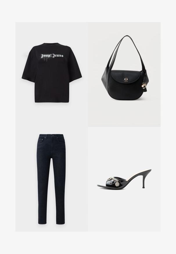 Sort oversized T-shirt lavet af bomuld, med korte ærmer og et front print med hvid tekst "Joop Jeans" samt glitrende detaljer.; Mørkeblå denim bukser med lige ben, featuring en knaplukning, fem lommer og subtile stikninger.; Sort laklæder højt hælet mule med åben tå og dekorative sølvcharme inklusive en blomst og hængelås på frontstroppen.; Sort læder skuldertaske med buet klap, gyldent "G GUESS" logo, dobbelte stropper og hængende nøglering vedhæng på ensfarvet baggrund.