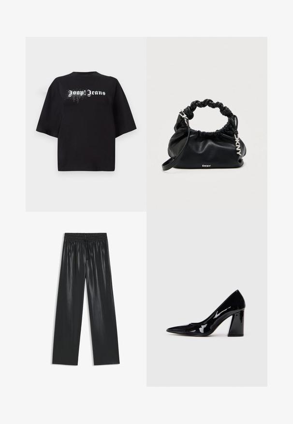 Čierne oversized tričko vyrobené z bavlny, s krátkymi rukávmi a prednou grafikou s bielym textom "Joop Jeans" a trblietkami.; Čierne plisované nohavice vyrobené z lesklého materiálu; majú elastický pás s šnúrkou na úpravu a pohodlie.; Čierna lakovaná kožená lodička s ostrou špičkou a hrubým opätkom, so hladkým, lesklým povrchom a štýlovým dizajnom.; Čierna kožená kabelka s nazbieraným dizajnom, skrútenou rukoväťou a strieborným kovaním. Na prednej strane má vtlačené logo.