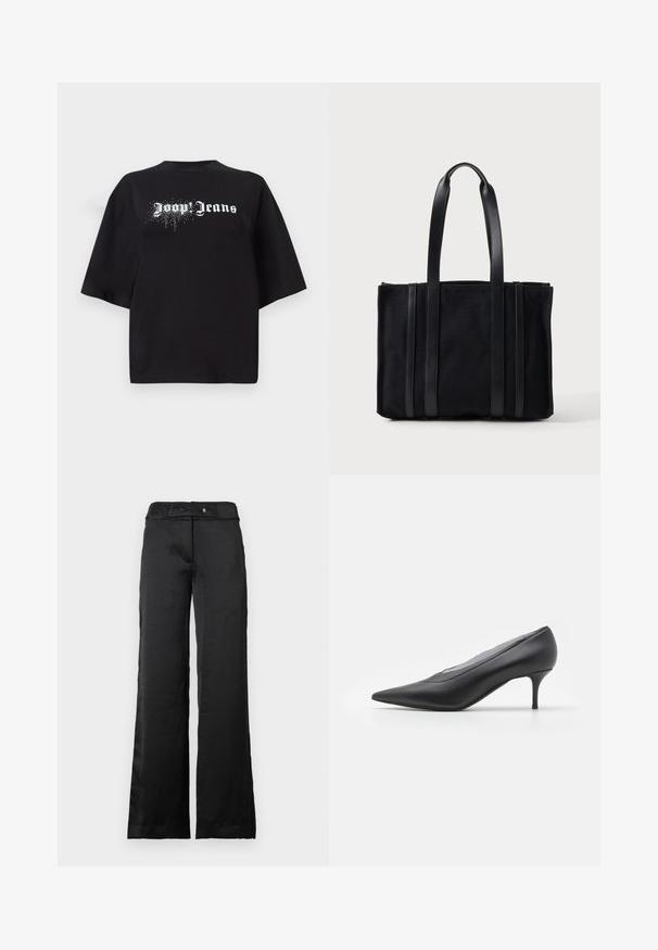 Sort oversized T-shirt lavet af bomuld, med korte ærmer og et front print med hvid tekst "Joop Jeans" samt glitrende detaljer.; Sorte wide-leg bukser med en glat overflade, der har en talje og knaplukning. Simpelt design, velegnet til forskellige anledninger.; Sorte spidse højhælede sko lavet af glat læder. Har en slank hæl og et minimalistisk design uden synlige udsmykninger.; Sort rektangulær tote taske med to lange håndtag og lodrette læder accenter foran, sat mod en ensfarvet lys baggrund.