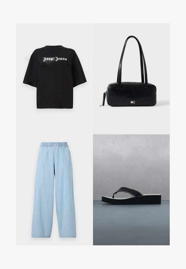 Sort oversized T-shirt lavet af bomuld, med korte ærmer og et front print med hvid tekst "Joop Jeans" samt glitrende detaljer.; Lyseblå, bred benbukser lavet af denim med elastisk talje. Glat tekstur uden synlige mønstre eller udsmykninger.; Sort-hvidmønstret plateausandaler med tyk sål på fliset gulv, med grønt og stenmur i baggrunden.; Sort læderhåndtaske med rektangulær form, flad bund, to skulderremme og en lille logodetalje foran. Glat tekstur.
