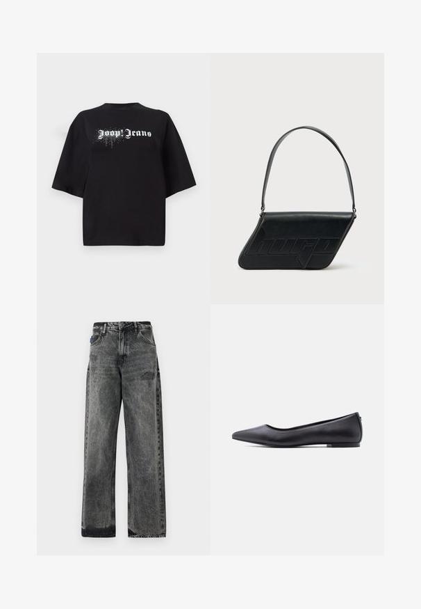 Mustapohja oversized T-paita, joka on valmistettu puuvillasta, lyhythihaisilla hihoilla ja edessä grafiikka, jossa on valkoinen teksti "Joop Jeans" ja kimaltelevia yksityiskohtia.; Mustat farkut leveällä lahkeella, joissa on haalistunut pesu, kulutettu yksityiskohtia edessä ja tavanomainen viiden taskun muotoilu.; Musta kärjestään terävä, matalakorkoinen nahkainen tasapohjakenkä, esitetty sivuprofiilissa valkoista taustaa vasten.; Musta nahkainen olkalaukku, jonka muoto on kolmionmuotoinen, siinä on kohokuvioitu logo ja yksi säädettävä hihna. Minimalistinen muotoilu ja sileä pinta.