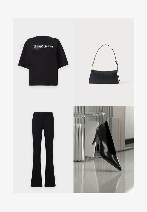 Čierne oversized tričko vyrobené z bavlny, s krátkymi rukávmi a prednou grafikou s bielym textom "Joop Jeans" a trblietkami.; Čierne rozšírené džínsy vyrobené zo zmesi bavlny. Majú zapínanie na gombík, pútka na opasok a predné vrecká. Hladká textúra s miernym elastickým efektom.; Čierna lodička na vysokom opätku so špicatou špičkou a zlatým logom, umiestnená na lesklej ploche vedľa chrómového drôteného organizéra na dokumenty.; Čierna kožená kabelka so zlatým zipsom a nastaviteľným popruhom s pozlátenými obdĺžnikovými detailmi na bielom pozadí.