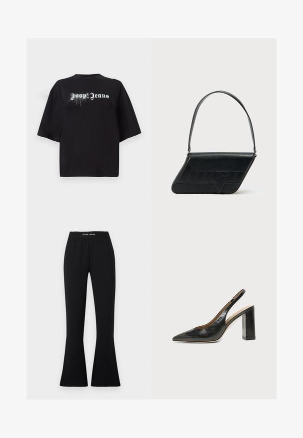 Schwarzes, oversized T-Shirt aus Baumwolle mit kurzen Ärmeln und einem Frontgrafik, die weißen Text "Joop Jeans" und glitzernde Details zeigt.; Schwarze Schlaghose aus Stretchstoff mit elastischem Bund und "JOOP! JEANS"-Logo. Glatte Textur mit figurbetonter Silhouette.; Schwarzer Leder-Slingback-Schuh mit spitzer Kappe, hohem Blockabsatz und beigegefüttertem Innenraum vor hellem, einfarbigem Hintergrund.; Schwarze Leder-Umhängetasche mit dreieckiger Form, geprägt mit Logo und einem einzigen verstellbaren Riemen. Minimalistisches Design mit glatter Textur.