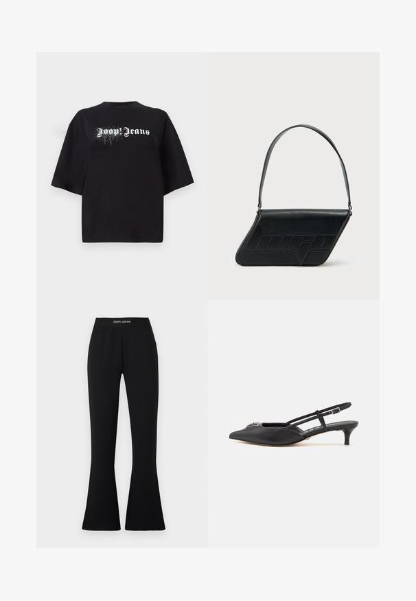 Must tumed T-särk, mis on valmistatud puuvillast, lühikeste varrukatega ning esiosas on graafika valgete tähtedega "Joop Jeans" ja sädelevate detailidega.; Mustad laiendatud püksid venivast materjalist, millel on elastne vöökoht "JOOP! JEANS" logoga. Sile tekstuur ja keha järgnev siluett.; Mustad musta rihmaga kingad terava ninaga, valmistatud siledast materjalist, väikese kontsaga ja kaunistava hõbedase aksessuaari ning sillerdava pealsega.; Mustast nahast kolmnurkse kujuga õlakott, reljeefse logoga ja ühe reguleeritava rihmaga. Minimalistlik disain ja sile tekstuur.