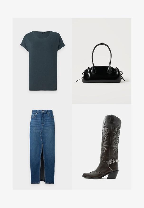 T-shirt gris foncé à manches courtes avec un col rond, texture douce et manches roulées, présentant un design simple et sans embellissement.; Jupe en denim bleu foncé, dotée d'une fente à l'avant, taille haute et design à cinq poches. Fabriquée en denim résistant avec des coutures visibles.; Botte de cowboy en cuir noir avec découpes décoratives, boucle argentée et talon incliné, présentée sur fond blanc.; Petit sac à main noir brillant avec deux longues anses et des détails à cordon sur les côtés sur un fond clair uni.