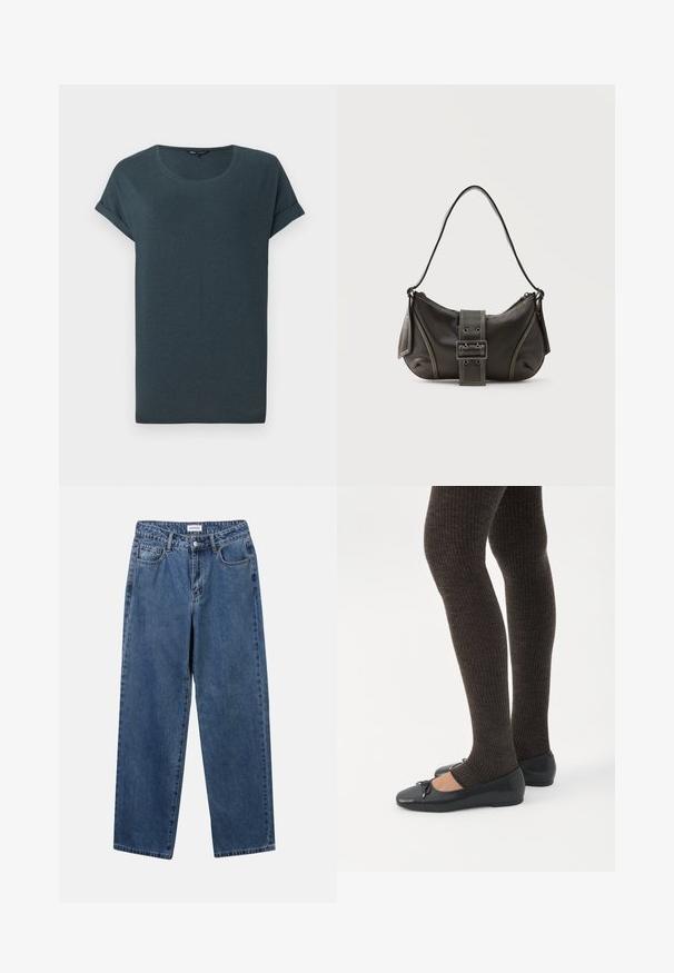 T-shirt gris foncé à manches courtes avec un col rond, texture douce et manches roulées, présentant un design simple et sans embellissement.; Jean en denim bleu classique avec une coupe droite, cinq poches et une fermeture par bouton. Présente un lavage moyen et une texture robuste.; Jambes portant des leggings côtelés foncés associés à des ballerines noires avec de petits détails en nœud sur fond blanc.; Sac à épaule en cuir noir avec une sangle à boucle, des bords arrondis et des coutures blanches contrastées sur un fond uni.