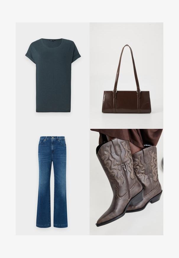T-shirt gris foncé à manches courtes avec un col rond, texture douce et manches roulées, présentant un design simple et sans embellissement.; Jean en denim bleu à jambes larges avec une taille haute, cinq poches et un boutonnage classique. Le tissu a une texture douce et légèrement décolorée.; Bottes de cowboy en cuir marron avec un bout pointu, fermeture éclair sur le côté et design serpent texturé en beige, ornées de clous décoratifs le long des bords.; Sac à main en cuir verni marron de forme rectangulaire, avec deux longues poignées et des accents courbés subtils à l'avant.