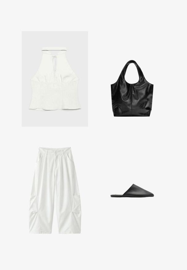 Bílý halter top bez rukávů s průstřihem u krku a zavazováním, se zužujícím se pasem a mírně rozšířeným lemem.; Bílé kalhoty po kolena s předním knoflíkem, bočními kapsami, poutky na pásek a volnými, mírně pomačkanými rovnými nohavicemi.; Černá kožená nazouvací bota s špičatou špičkou a hladkou texturou, vybavená minimalistickým designem a plochou podrážkou.; Černá kožená taška přes rameno s hladkým povrchem, měkkým zakulaceným vrchem a širokými uchy. Obsahuje minimální prošívání a uvolněnou siluetu.