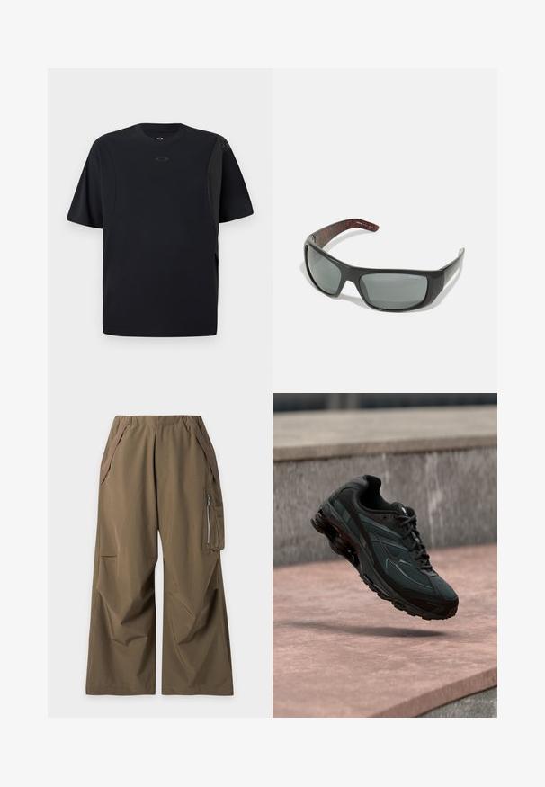 T-shirt noir à manches courtes en tissu lisse, avec un design asymétrique et un petit logo sur la poitrine.; Pantalon marron à jambes larges avec taille élastique, poches latérales et une poche cargo zippée sur la jambe droite, posé à plat sur un fond blanc.; Baskets athlétiques noires avec une semelle intercalaire à coussin d’air visible flottant au-dessus d’une surface en pierre rose avec un mur en pierre gris en arrière-plan.; Arnette HOT SHOT - Lunettes de soleil - dark grey