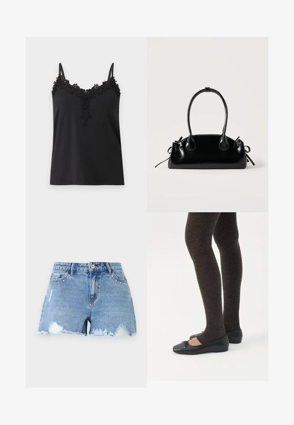 Haut noir sans manches avec fines bretelles et bordure en dentelle florale le long de l'encolure et au centre devant.; Shorts en denim bleu avec ourlets effilochés, patchs déchirés, clous métalliques près des poches avant et une fermeture par bouton à la taille.; Jambes portant des leggings côtelés foncés associés à des ballerines noires avec de petits détails en nœud sur fond blanc.; Petit sac à main noir brillant avec deux longues anses et des détails à cordon sur les côtés sur un fond clair uni.