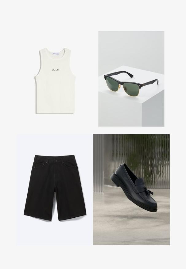 Haut blanc sans manches en côtes avec encolure ronde et texte cursif noir « Dust Miles » centré sur la poitrine.; Short en jean noir longueur genou avec bouton à l'avant, passants de ceinture et cinq poches, présenté sur fond blanc.; Mocassins en cuir noir avec une texture lisse, un bout arrondi et des pampilles décoratives à l'avant. Semelle en caoutchouc flexible avec un petit talon.; Lunettes de soleil Ray-Ban avec des verres verts, monture en plastique noir et accents dorés sur les bords. Forme carrée avec une finition mate.