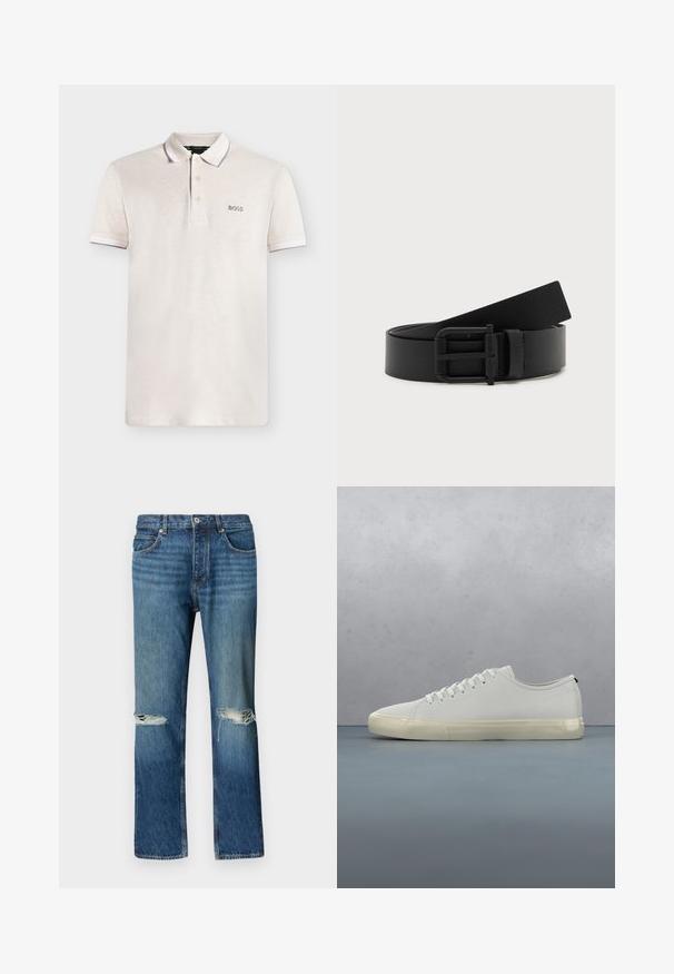 Polo blanc à manches courtes avec trois boutons et logo "BOSS" sur la poitrine gauche.; Jean en denim bleu à jambe droite avec des déchirures usées sur les deux genoux, fermeture à boutons sur le devant et design à cinq poches.; Baskets en cuir blanc avec lacets flottant au-dessus de carreaux en bois carrés et de petits cailloux, avec un arbre et un fond gris.; Ceinture en cuir noir enroulée avec une boucle en métal noir mat sur fond blanc.