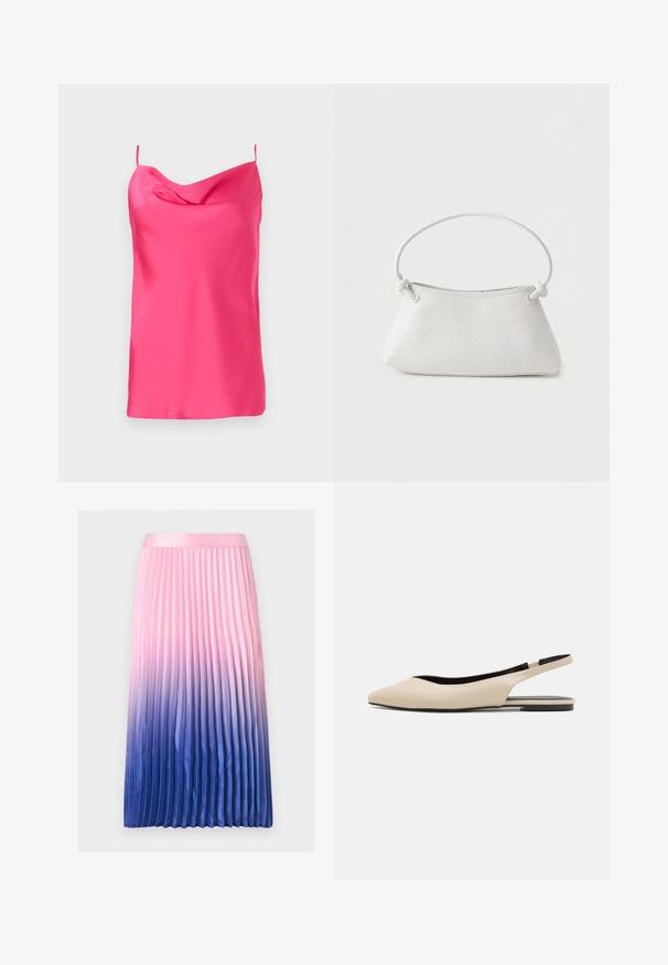 Ermeløs top i fuchsia satin med cowl-udskæring og tynde stropper. Glat tekstur med blød fald, der har en lige kant nederst.; Plisseret midi-nederdel med en gradientfarve, der går fra lys pink ved taljen til dyb blå ved kanten.; Beige læder slingback flade sko med spidse tæer, minimalisk design, glat tekstur og en lav sort sål.; Hvid fletlæderhåndtaske med afrundet håndtag og ender på remmen, der er knyttet, vist mod en ensfarvet baggrund.