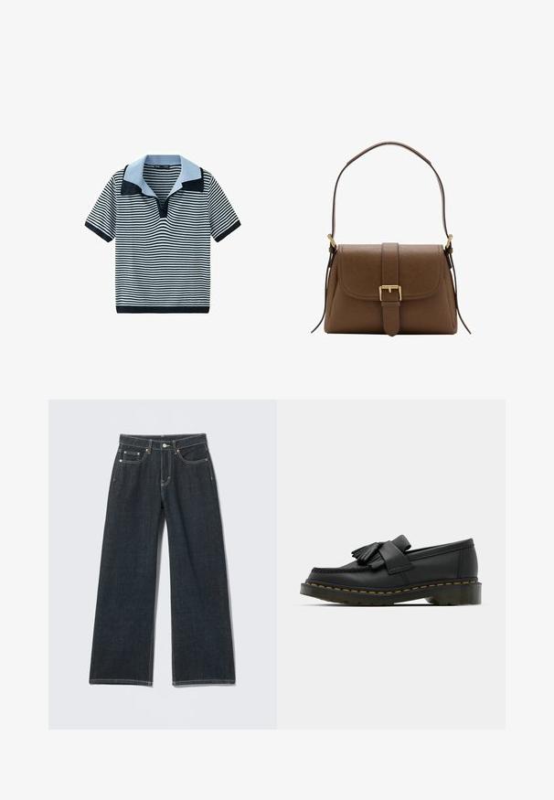 Chemise à manches courtes à rayures horizontales noires et blanches avec col large bleu clair et noir, poignets de manches côtelés et ourlet.; Jean large à jambes larges bleu foncé avec bouton devant, fermeture éclair, passants pour ceinture et style cinq poches sur un fond clair uni.; Mocassins en cuir noir avec un bout rond, présentant un détail à franges et une bande décorative à l'avant, montés sur un talon épais.; Sac à bandoulière en cuir marron avec rabat avant et boucle dorée, disposant d'une bandoulière réglable avec ferrures dorées sur fond blanc.
