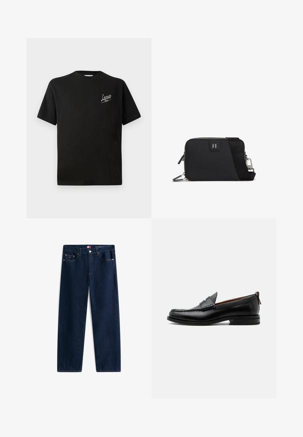 Must musta t-särk lühikeste varrukatega, millel on vasakul rinnal prinditud valge "Lacoste" logo. Ümmargune kaelus.; Tumesinised sirge lõikega teksad, viie tasku ja nööpidega, peene brändinguga väikese esiosa tasku ja vöökoha juures.; Mustast nahast meeste mokasiin, millel on moc varbaõmblus, penny rihm, tekstuuriga krae ja madal virnastatud konts valgel taustal.; Mustreeritud must ristkülikukujuline kott, millel on lukuga sulgemine, reguleeritav rihm ja esipaneelil logo silt.