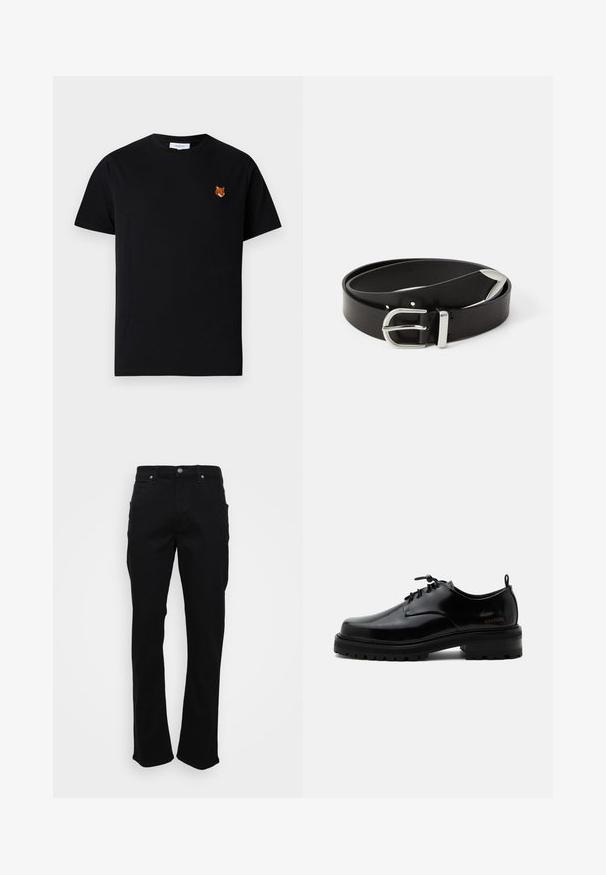 T-shirt en coton noir avec une petite tête de renard brodée sur la poitrine gauche, manches courtes et col rond.; Jeans noirs à jambe droite avec poches avant, passants de ceinture et fermeture à bouton sur un fond blanc.; Chaussure en cuir noir poli à lacets, semelle en caoutchouc épaisse et talon bas, texte de marque "SAMSOE" sur le côté et languette arrière.; Ceinture en cuir noir avec une boucle en métal argenté, présentant un design classique et une texture lisse. Comprend des trous pour un ajustement flexible.