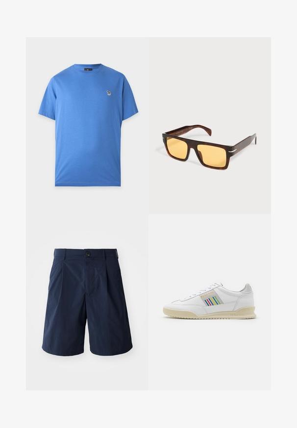 T-shirt bleu à manches courtes et col rond avec un petit logo zèbre multicolore sur le côté gauche de la poitrine.; Shorts bleu marine en tissu léger, avec une fermeture à bouton, des poches sur les côtés et un design simple avec des plis à l'avant.; Basket en cuir blanc avec une semelle crème, des accents de rayures multicolores sur le côté et un logo "PS Paul Smith" en doré.; Lunettes de soleil rectangulaires en écaille avec de larges montures et des verres teintés jaunes sur fond blanc.