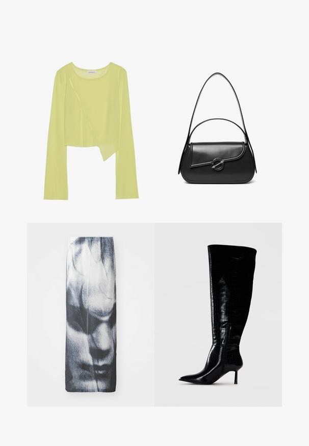 Crop top vert citron à manches longues avec un col rond et un ourlet asymétrique. Texture légère et côtelée avec des détails de surpiqûres décoratives.; Jupe longue noir et blanc avec un imprimé graphique représentant un visage, dotée d'une texture lisse et d'une silhouette ajustée.; Bottes noires montantes en cuir verni avec un motif crocodile. Bout pointu et talon fin ; dotées d'une fermeture éclair sur le côté.; Sac à bandoulière en cuir noir avec un rabat incurvé fermé par un fermoir métallique rond et une sangle fine et ajustable.