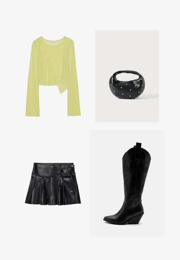 Limetkovozelený dlhý rukáv cropped top s okrúhlym výstrihom a asymetrickým lemom. Ľahká, rebrovaná textúra s dekoratívnymi stehmi.; Čierna kožená sukňa s sklady, širokým pásom a dvoma prackami na boku. Hladká textúra s lesklým povrchom.; Čierna kožená kovbojská čižma so špicatou špičkou, šikmým blokovým podpätkom, dekoratívnym prešitím a ťahacími pútkami na vrchu na bielom pozadí.; Čierna kožená kabelka s zaobleným tvarom, zdobená striebornými cvočkami a krátkym rúčkou. Hladká textúra a zapínanie na zips.