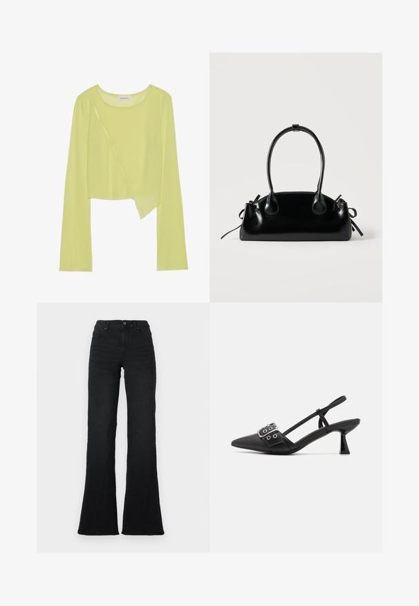 Limegrøn langærmet crop top med rund halsudskæring og asymmetrisk kant. Letvægts, ribbet struktur med dekorative syninger.; Sorte højtaljede flared jeans med frontlommer, bæltestropper og knaplukning på en hvid baggrund.; Simmi London DALA - Pumps - black; Lille sort blank håndtaske med to lange håndtag og snøre-detaljer i siden på en ensfarvet lys baggrund.