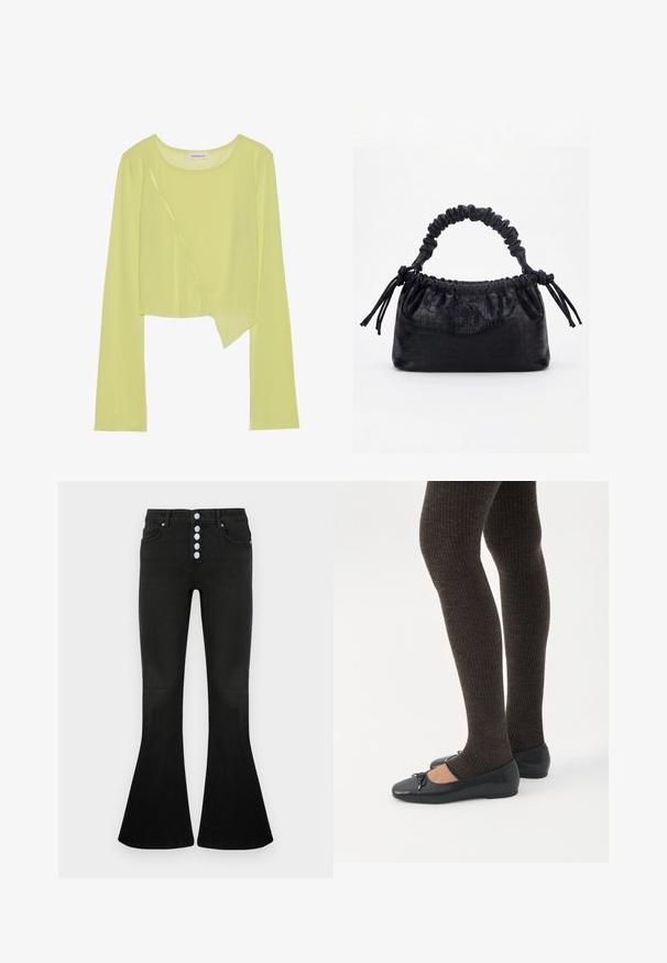 Limegrøn langærmet crop top med rund halsudskæring og asymmetrisk kant. Letvægts, ribbet struktur med dekorative syninger.; Sorte jeans med flare og høj talje, fem-knaps lukning, blød denimbeklædning og diskrete syningsdetaljer på lommer og syninger.; Ben iført mørke ribbede leggings kombineret med sorte balletsko med små sløjfedetaljer på hvid baggrund.; Sort taske med krokodilletekstur, rynket øverste kant, samlet hank og snore med kvaster på hver side mod en hvid baggrund.