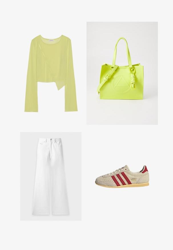 Limegrøn langærmet crop top med rund halsudskæring og asymmetrisk kant. Letvægts, ribbet struktur med dekorative syninger.; Hvide jeans med højtaljede brede ben med bæltestropper, frontknap, lynlås og to forlommer lagt fladt på en hvid baggrund.; Beige ruskind Adidas Japan sneaker med røde striber, perforeret tå, snørelukning og beige sål, set fra siden.; ALDO CUSTANTINA - Håndtasker - lime