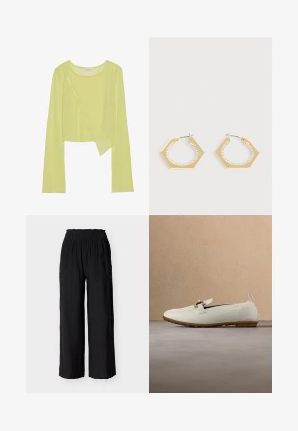 Limegrøn langærmet crop top med rund halsudskæring og asymmetrisk kant. Letvægts, ribbet struktur med dekorative syninger.; Sorte, vidde bukser med elastik i taljen og sidelommer. Glat tekstur og afslappet pasform. Flad kant og ingen yderligere mønstre eller accenter.; Kremfarvede læderloafer med guldbeslag og gummisål, placeret på et tekstureret beige tæppe med et sofabord i træ og bøger i baggrunden.; Øreringe i guldformet sekskant med en glat overflade og en række klare krystaller langs den indvendige kant. Metalbeslag fuldender designet.