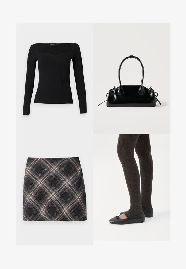 Top negro de manga larga con canalé y escote cuadrado, que presenta una ligera forma de corazón y un diseño ajustado.; Minifalda a cuadros en negro y beige con patrón de cuadros diagonal, cintura ajustada y textura de tela suave.; Piernas con leggings oscuros acanalados combinados con bailarinas negras que presentan pequeños detalles de lazo sobre un fondo blanco.; Pequeño bolso negro brillante con dos asas largas y detalles de cordón lateral sobre un fondo claro liso.