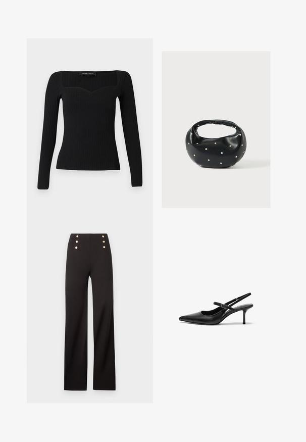 Haut noir à manches longues en côte avec un décolleté carré, présentant une légère forme en cœur et un design ajusté.; Pantalon noir taille haute à jambes larges avec six boutons décoratifs dorés disposés en deux rangées verticales près de la taille.; Talons aiguilles noires en cuir avec un bout pointu, une fine bride réglable, et un talon aiguille d'environ 5 cm, texture lisse.; Sac à main en cuir noir de forme arrondie, décoré de clous argentés et équipé d'une poignée courte. Texture lisse et fermeture éclair.