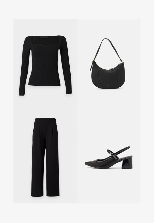 Top negro de manga larga con canalé y escote cuadrado, que presenta una ligera forma de corazón y un diseño ajustado.; TOM TAILOR DENIM PLEATED PANTS - Pantalones - deep black; Tacones slingback de charol negro con punta afilada, un diseño de corte redondeado y tacón bloque. Incluye un detalle de hebilla en tono dorado.; Bolso de mano de cuero negro con forma curva, superficie texturizada, costuras frontales y un logo en tono dorado. Cuenta con una sola correa ajustable.