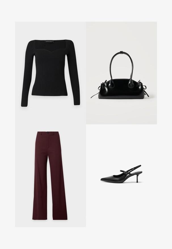 Top negro de manga larga con canalé y escote cuadrado, que presenta una ligera forma de corazón y un diseño ajustado.; Pantalones anchos de pierna ancha de color burdeos oscuro con cintura alta, trabillas para cinturón, botón delantero y cierre de cremallera.; Zapatos de tacón slingback de cuero negro con punta afilada, correa ajustable delgada y un tacón de aguja de aproximadamente 5 cm, textura suave.; Pequeño bolso negro brillante con dos asas largas y detalles de cordón lateral sobre un fondo claro liso.